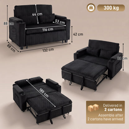 2 Seater Sofa Bed, 3-in-1 Corduroy Pull Out Sleeper Sofa, Black