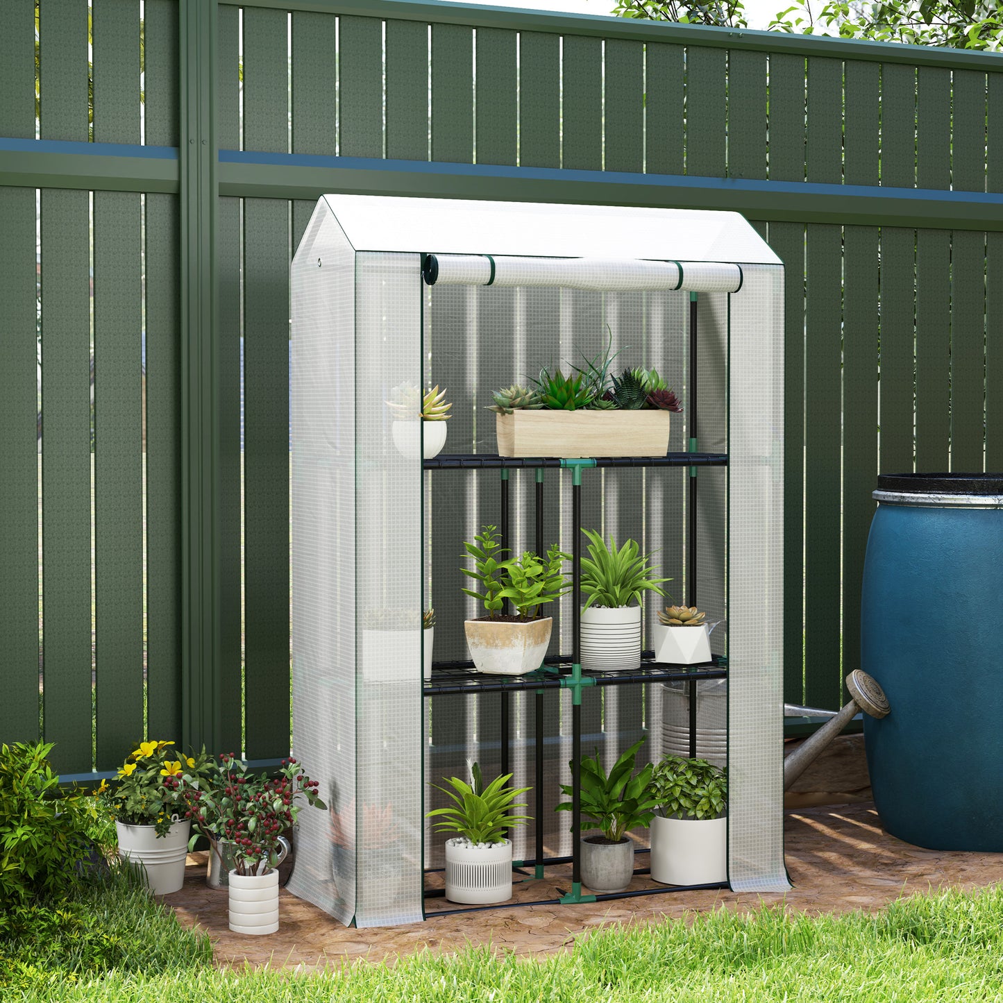 3 Tier Mini Greenhouse with PE Cover, Roll-Up Door, White