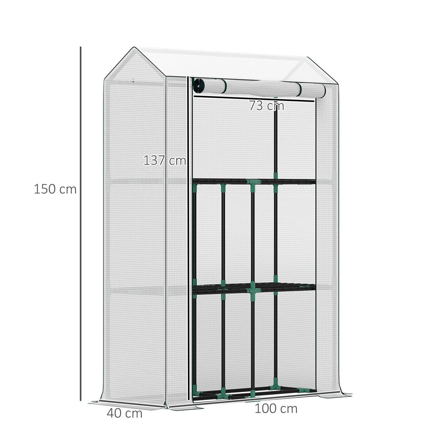 3 Tier Mini Greenhouse with PE Cover, Roll-Up Door, White