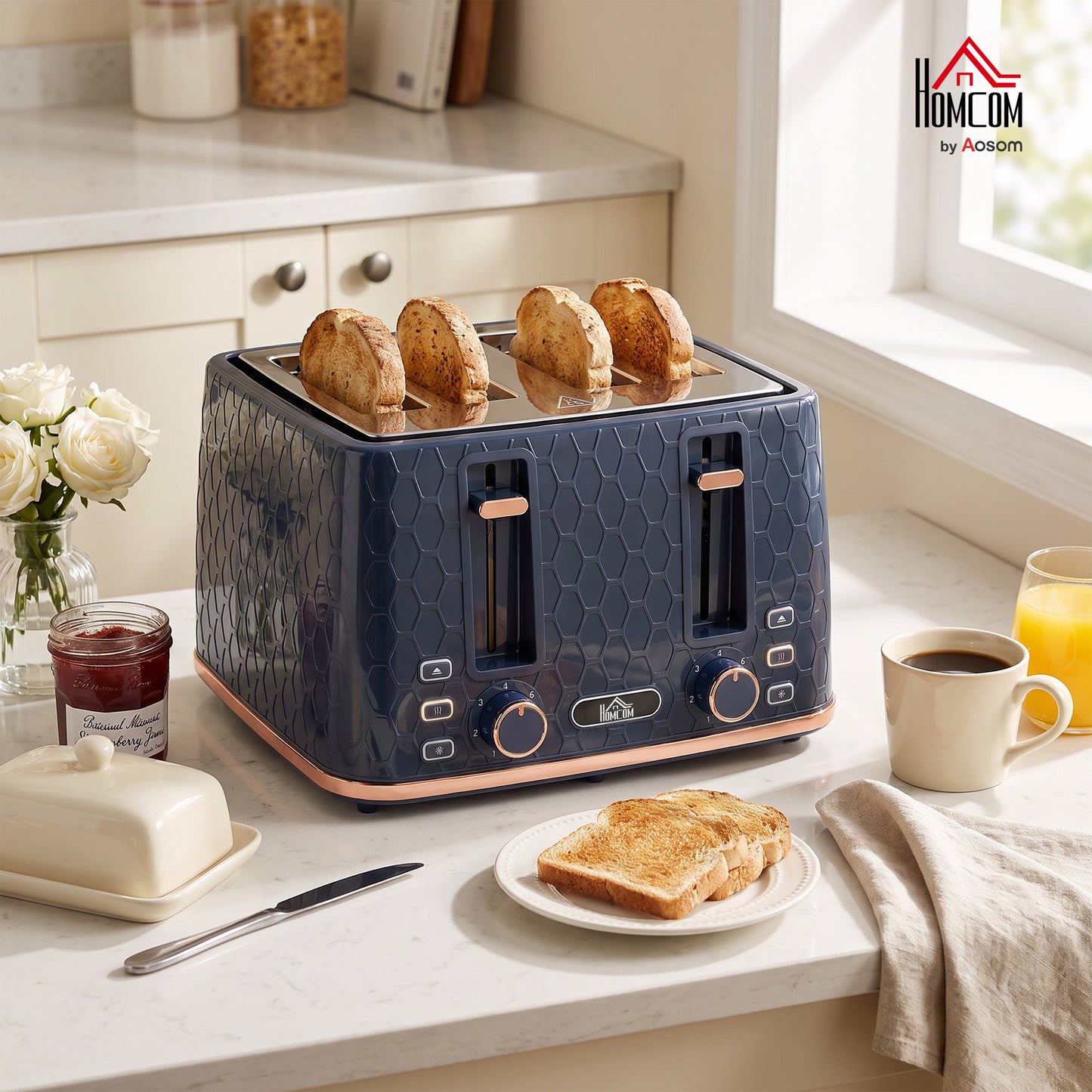 Toaster with 4 Slot, 7 Browning Levels, 1860W, Honeycomb, Dark Blue