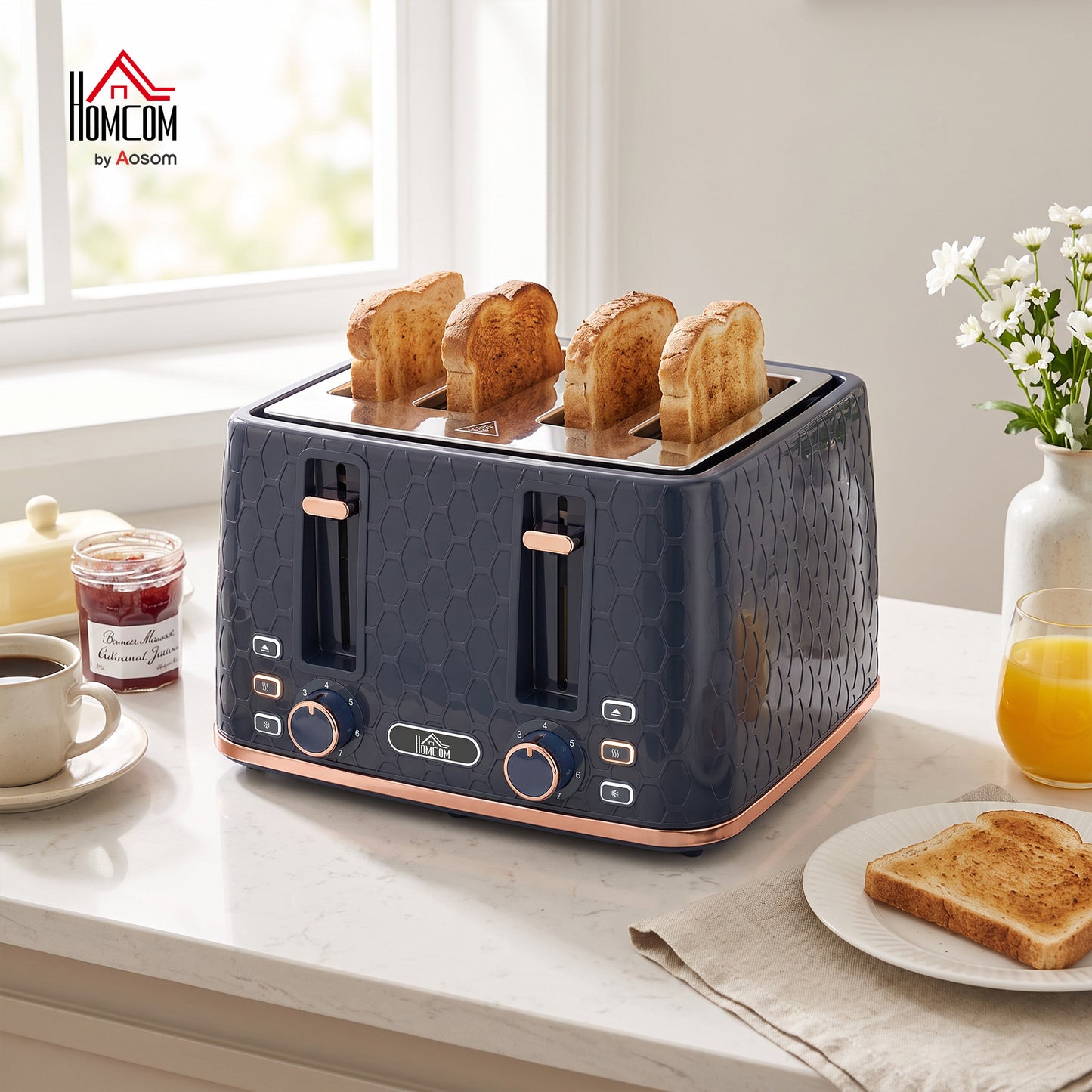 Toaster with 4 Slot, 7 Browning Levels, 1860W, Honeycomb, Dark Blue