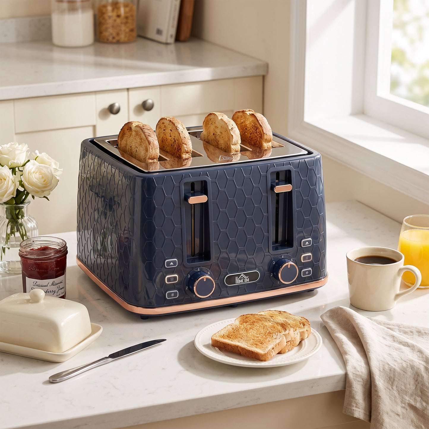 Toaster with 4 Slot, 7 Browning Levels, 1860W, Honeycomb, Dark Blue