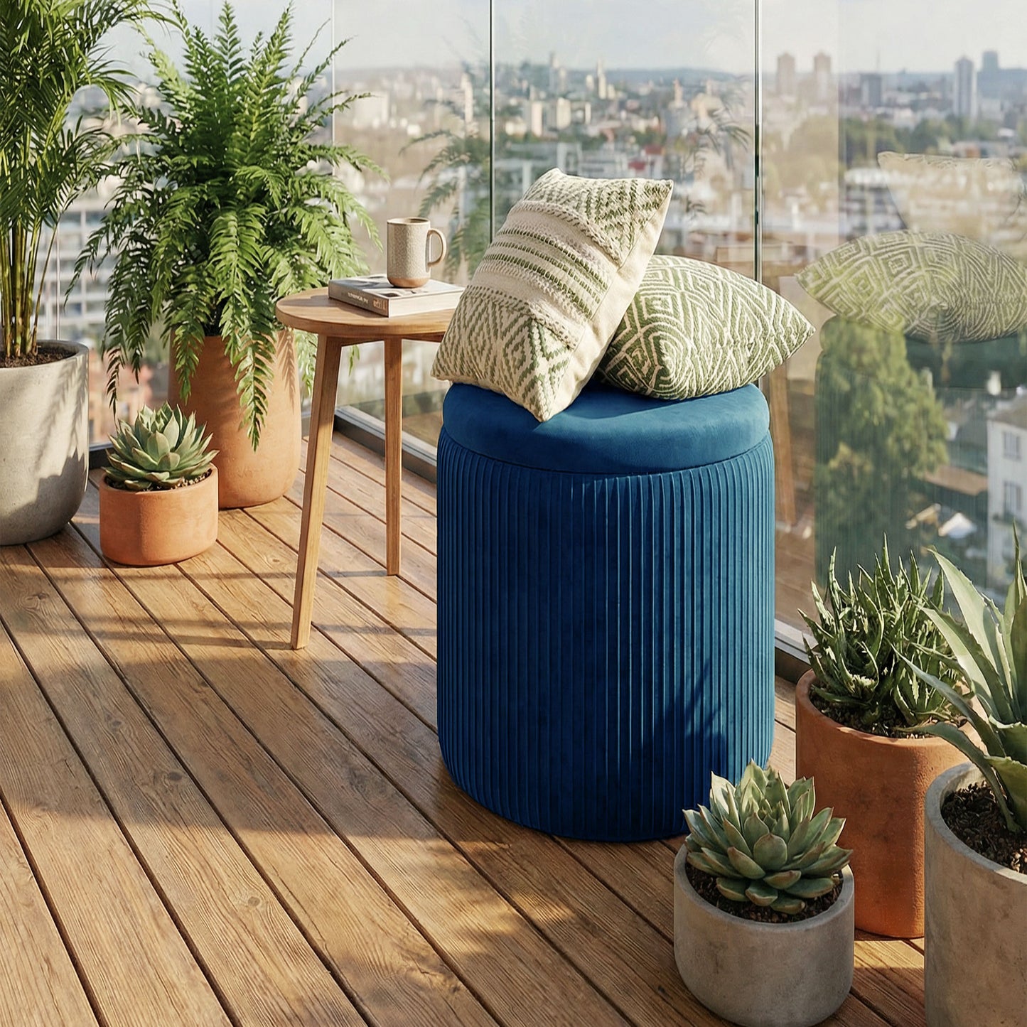Round Storage Ottoman with Removable Top, Blue