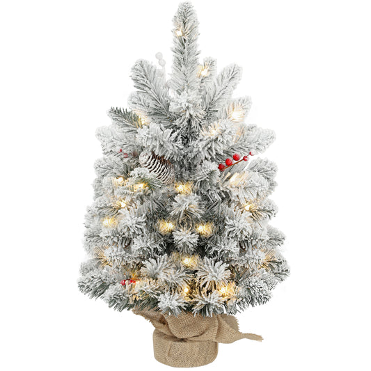 60 cm Prelit Small Christmas Tree, Snow Flocked Tabletop Xmas Tree