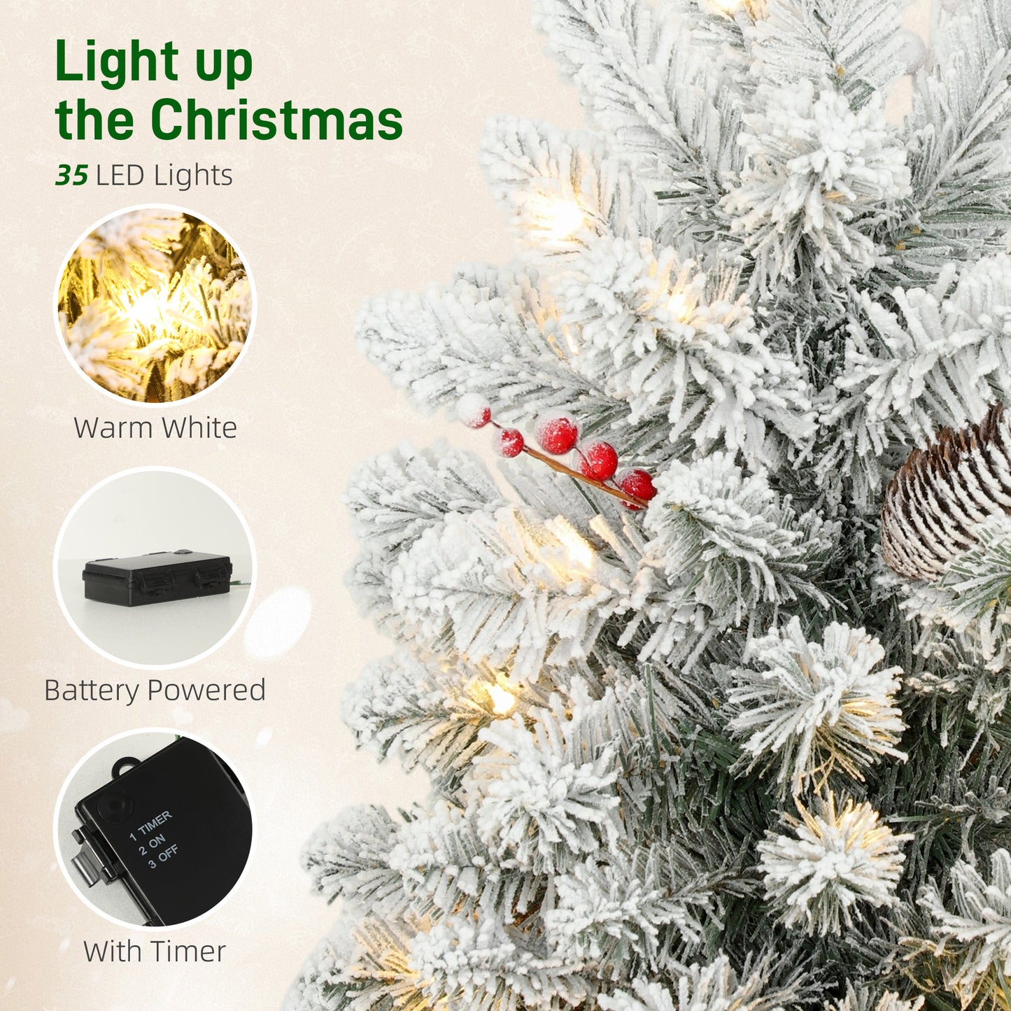 60 cm Prelit Small Christmas Tree, Snow Flocked Tabletop Xmas Tree