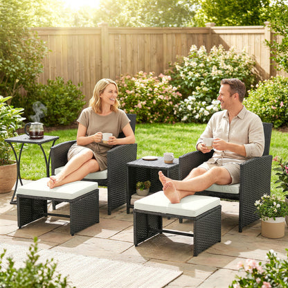 6 Piece Rattan Garden Furniture Set with Nesting Tables, Black