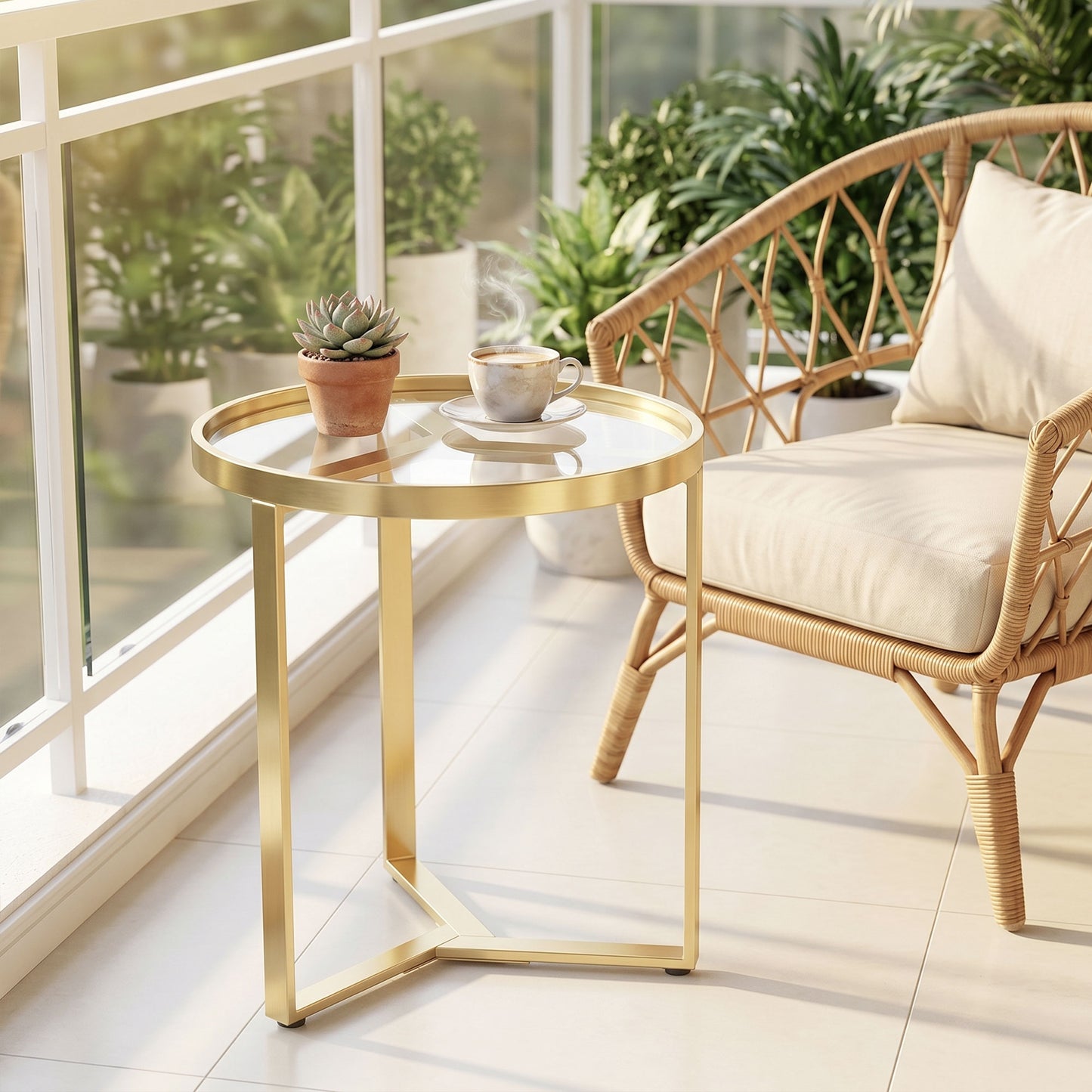 Round Side Table with Tempered Glass Top, Modern End Table with Geometric Metal Frame for Small Space, Living Room and Bedroom, Gold Tone