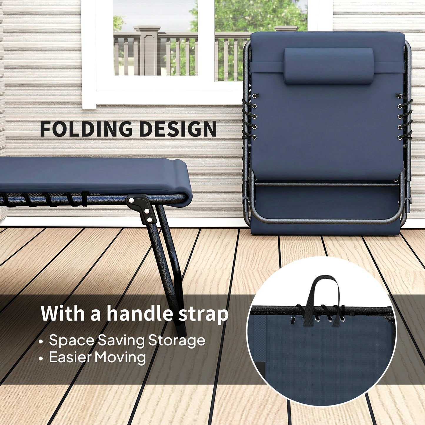 Folding Sun Loungers Set of 2, Reclining Sun Bed, Dark Blue