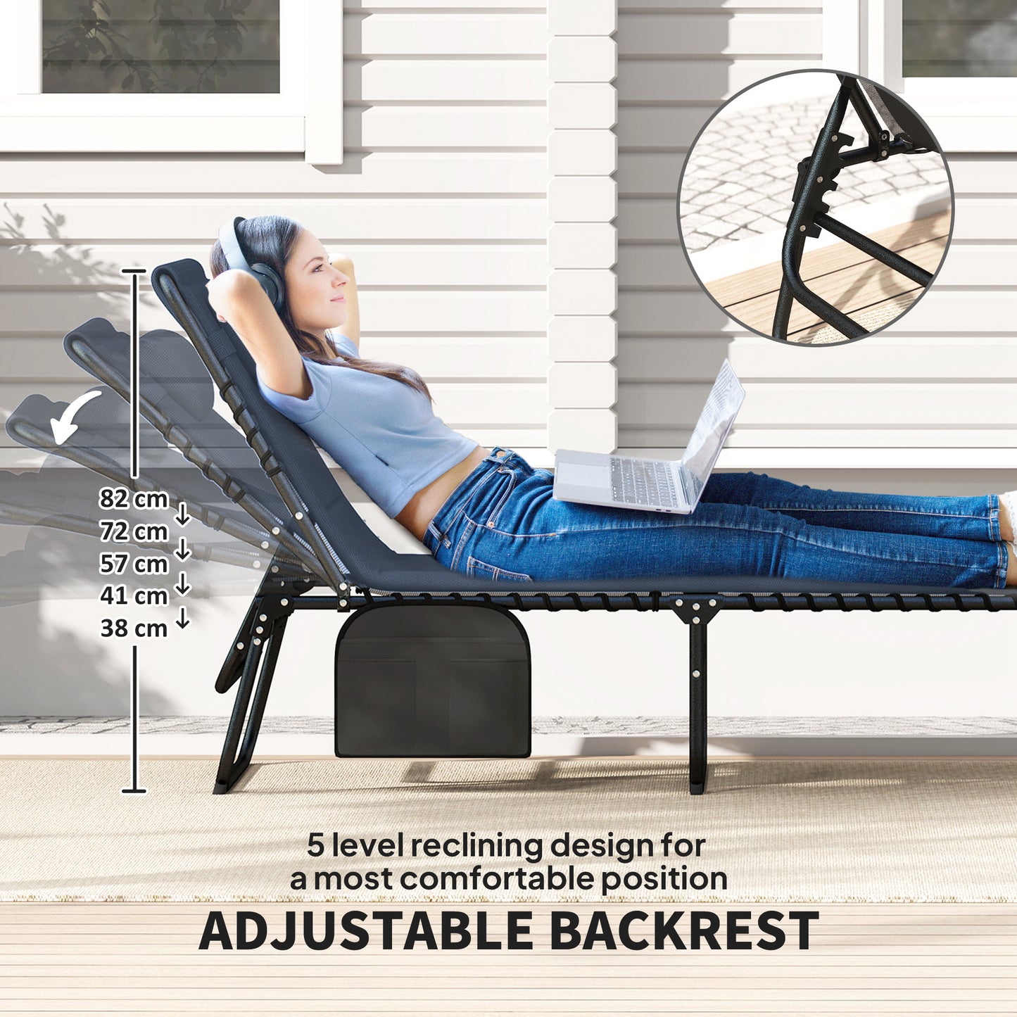 Folding Sun Loungers Set of 2, Reclining Sun Bed, Dark Blue