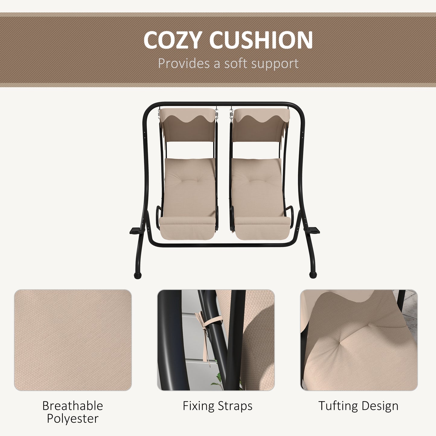 Canopy Swing Chair Modern Garden Swing Seat Outdoor Relax Chairs w/ 2 Separate Chairs, Cushions and Removable Shade Canopy, Beige