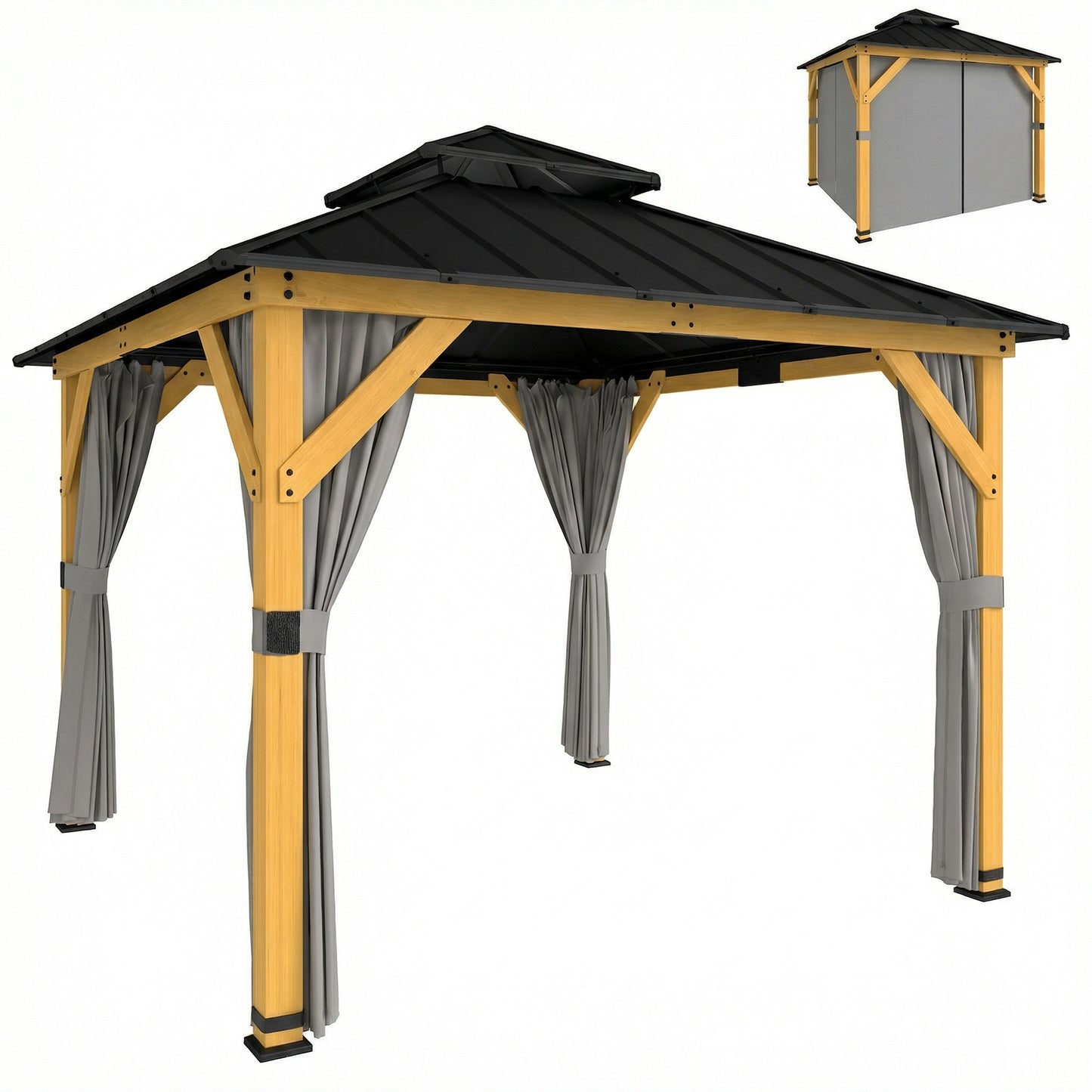 3 x 3 m Outdoor Hardtop Gazebo Canopy with 2-Tier Steel Roof, Wood Garden Gazebo with Curtains, Grey