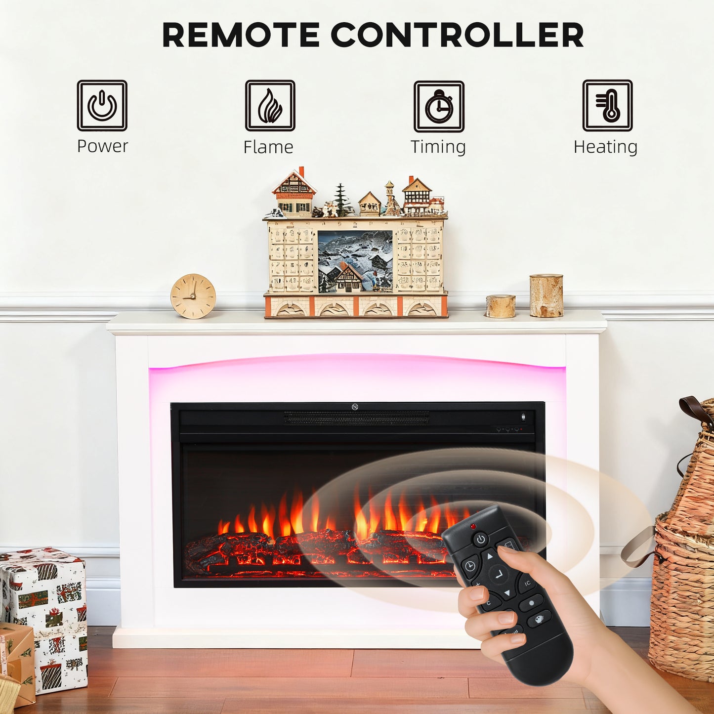 Beautiful Electric Fire and Mantel Reach up to 30 m² Two heat settings 1000W/2000W Inset, White