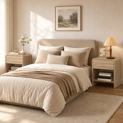 Bedside Tables Set of 2, Rounded Corner Nightstand Drawer Natural