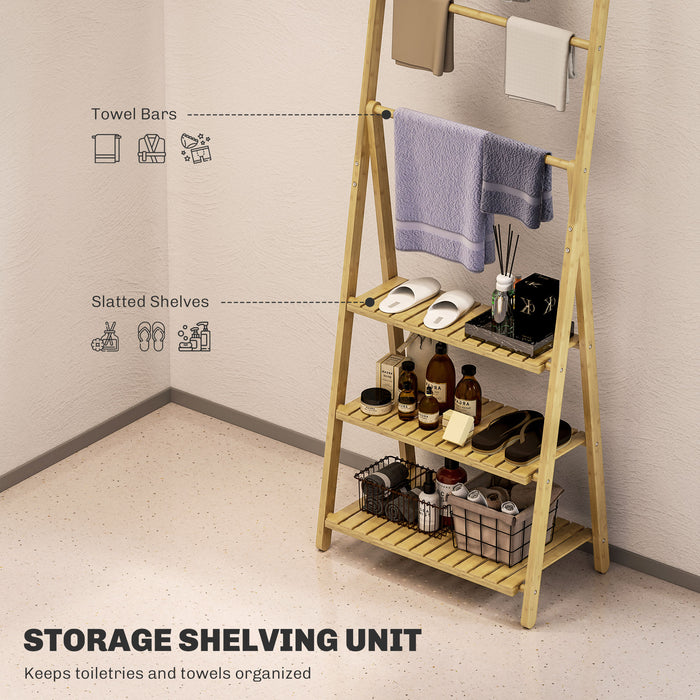 3-Tier Folding Bamboo Bathroom Storage Shelving Unit with Towel Bars