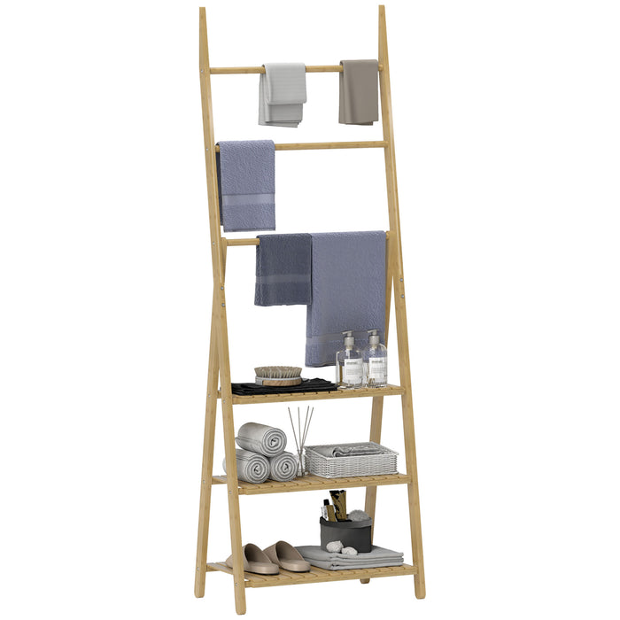 3-Tier Folding Bamboo Bathroom Storage Shelving Unit with Towel Bars