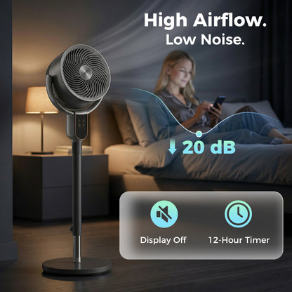 20 dB Silent Standing Fan for Bedroom, 42" Pedestal Fan with 70° Oscillating, 90° Vertical Tilt, 8 Speeds, Remote Control, 12H Timer, Adjustable Height, Child Lock, Grey