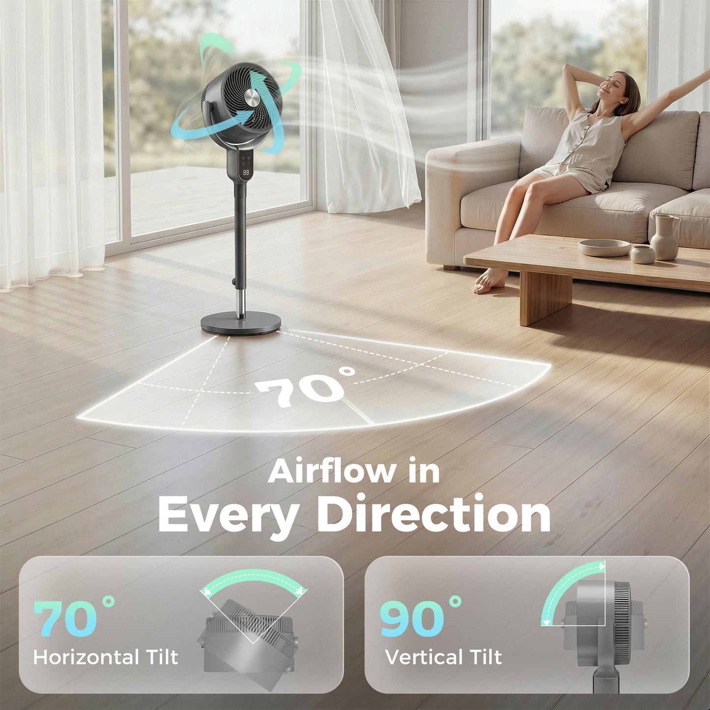 20 dB Silent Standing Fan for Bedroom, 42" Pedestal Fan with 70° Oscillating, 90° Vertical Tilt, 8 Speeds, Remote Control, 12H Timer, Adjustable Height, Child Lock, Grey