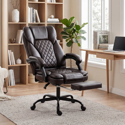 High-Back Executive Home Office Chair, PU Leather Computer Desk Chair with 360 Degree Swivel, Reclining Function, Retractable Footrest and Adjustable Height, Brown