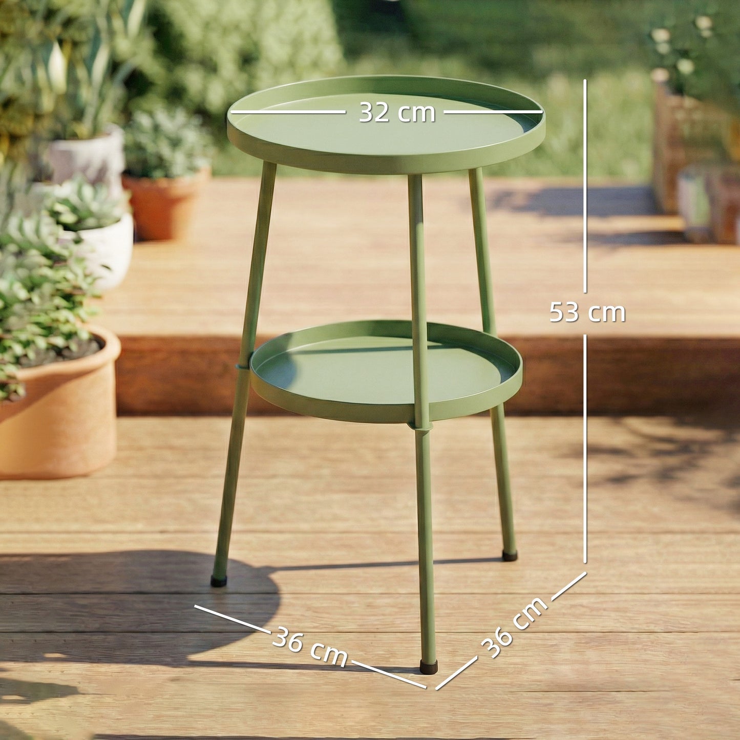 Patio Side Table, 2-Tier Round Coffee End Table, Light Green