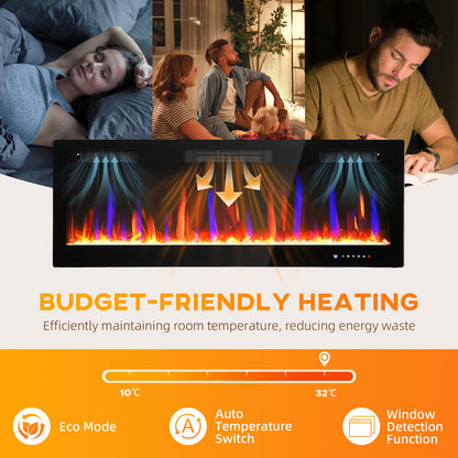 50" Wall Electric Fireplace, Slim Electric Fire, 1800W, Black