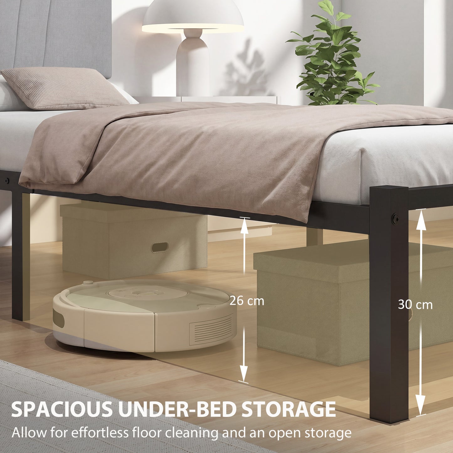 3FT Single Bed Frame with Upholstered and Padded Headboard, Metal Bed Frame with Underbed Storage and Steel Slat Support, No Box Spring Needed, Easy Assembly, Black and Light Grey