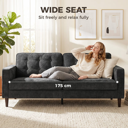 3 Seater Sofa, Velvet-Feel Fabric Upholstered Small Couch for Bedroom, Modern Sofa Settee with Padded Cushion, Button Tufting and Wood Legs for Living Room, Dark Grey