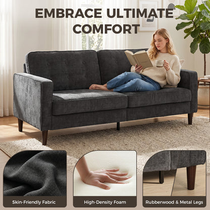 3 Seater Sofa, Velvet-Feel Fabric Upholstered Small Couch for Bedroom, Modern Sofa Settee with Padded Cushion, Button Tufting and Wood Legs for Living Room, Dark Grey