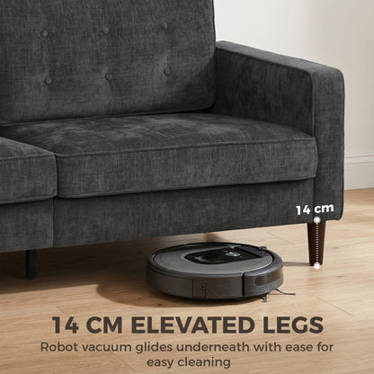 3 Seater Sofa, Upholstered Small Couch for Bedroom, Modern Futon Sofa Settee with Padded Cushion, Button Tufting and Wood Legs for Living Room, Dark Grey