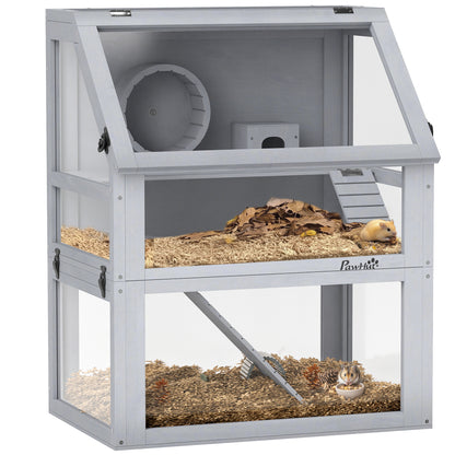 Wooden Hamster Cage, 3 Tier Gerbil Cage with Detachable 32cm Deep Bottom, Hut, Seesaw, Exercise Wheel, Ramps, Light Grey