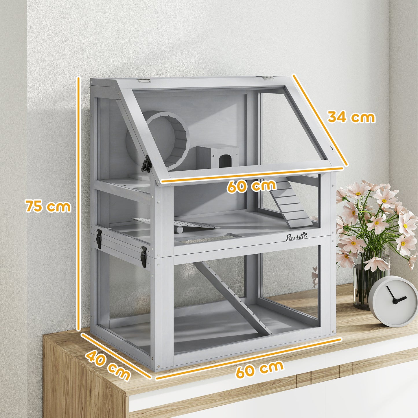 Wooden Hamster Cage, 3 Tier Gerbil Cage with Detachable 32cm Deep Bottom, Hut, Seesaw, Exercise Wheel, Ramps, Light Grey