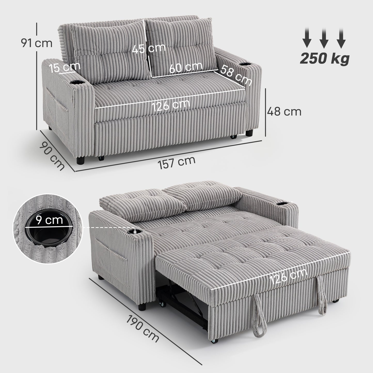 2 Seater Sofa Bed, Click Clack Pull Out Bed Settee, Light Grey