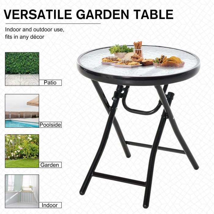 Foldable Garden Table, Round Folding Table with Glass Tabletop and Safety Buckle for Patio, Garden, Outdoor, Indoor, Black