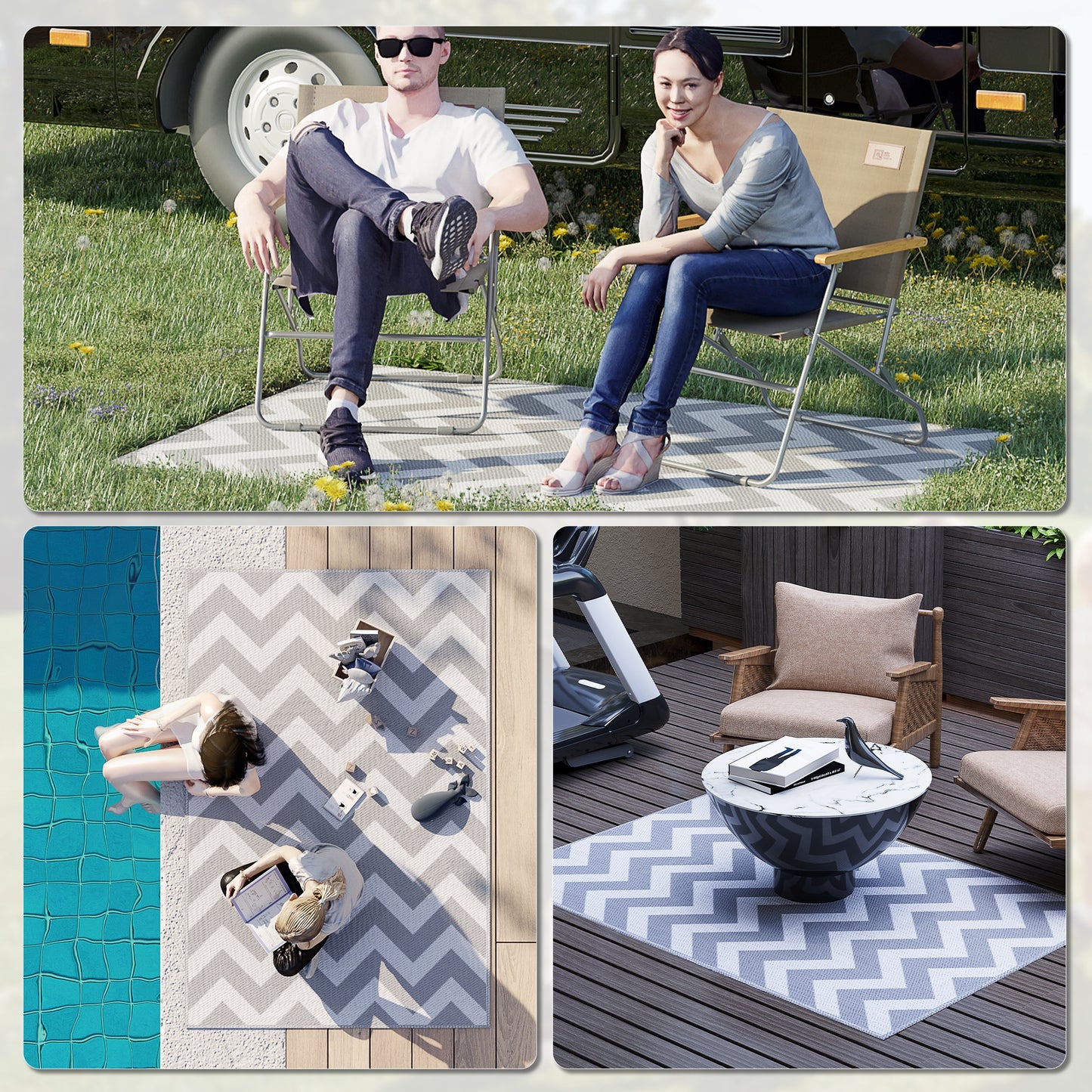 Outdoor Rug, 1.2 x 1.8m Patio Floor Mat, Grey & White