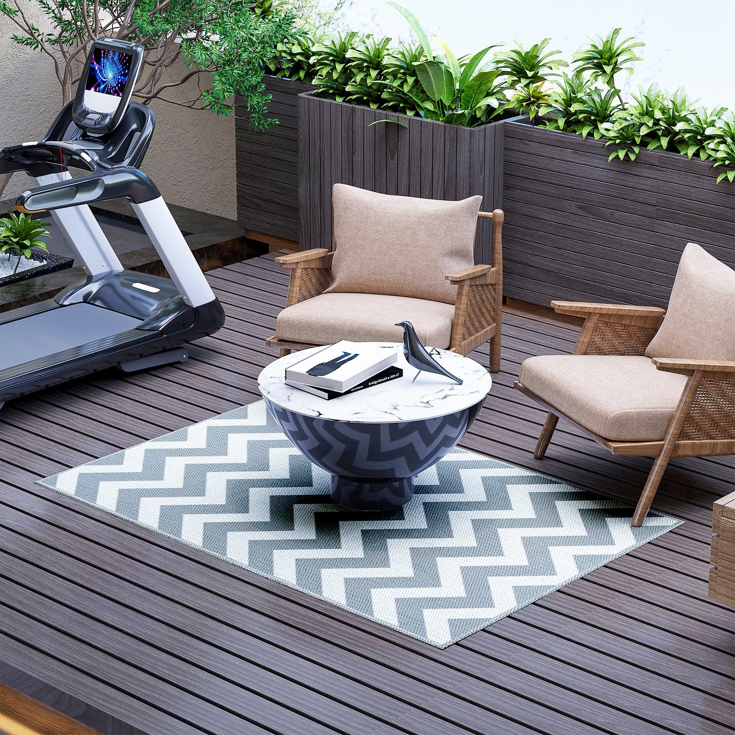 Outdoor Rug, 1.2 x 1.8m Patio Floor Mat, Grey & White