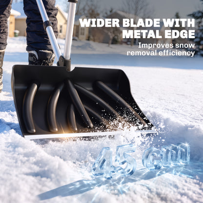 Heavy-Duty Snow Shovel with Assist Handle, Portable Snow Pusher with 45cm Wide Blade, Detachable Aluminium Handle and Metal Edge, Removal Shovel for Garden, Driveway, Car, Camping, Black
