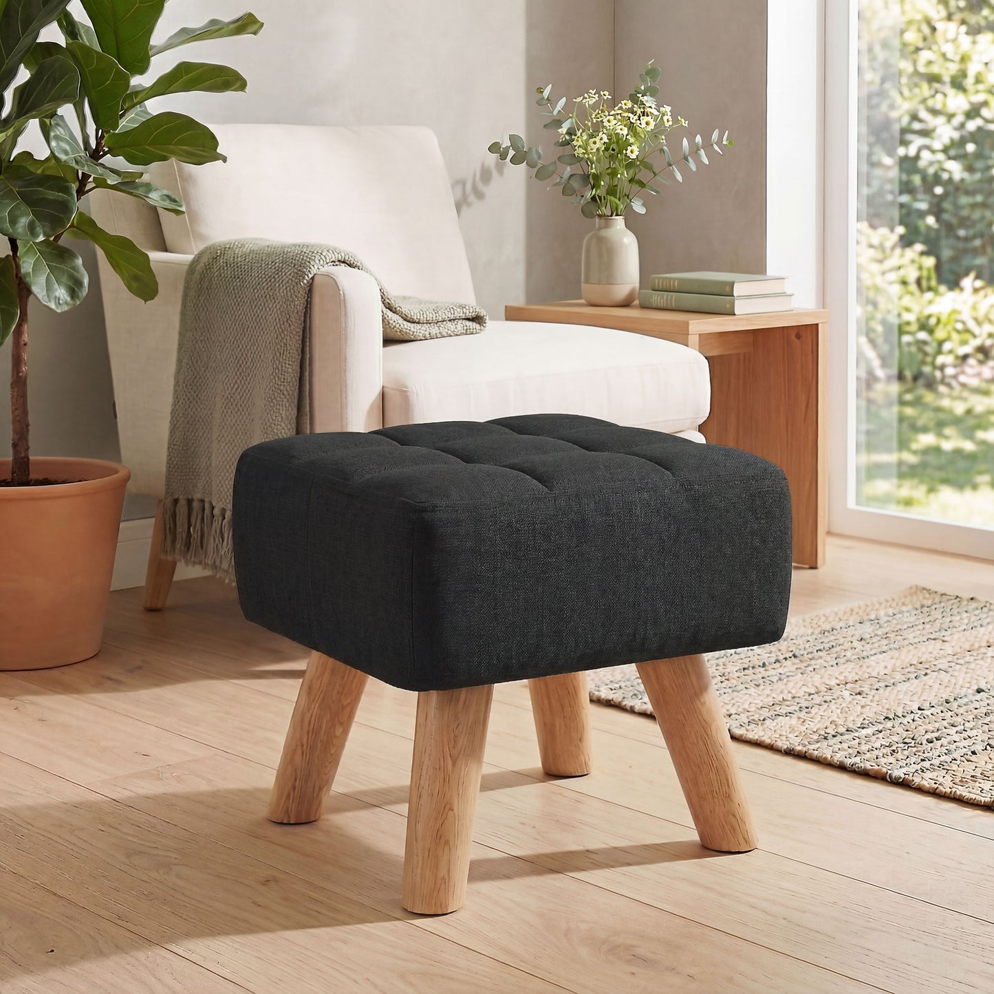 Modern Footstool, Fabric Foot Rest with Rubber Wood Legs, Black
