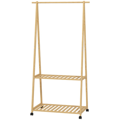 Bamboo Clothes Rail Rack with 2 Storage Shelves, Natural Wood Effect