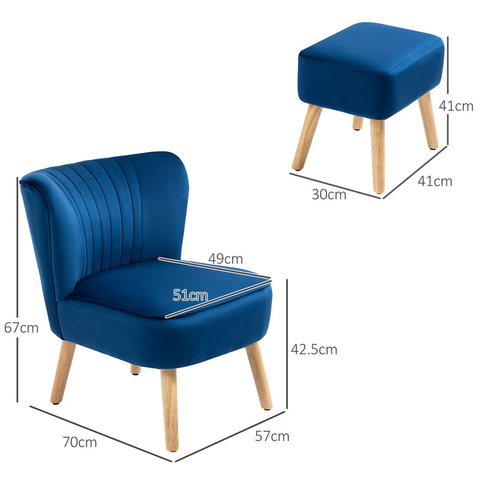 Velvet Accent Chair Occasional Tub Seat Padding Curved Back w/ Ottoman Wood Frame Legs Home Furniture, Blue