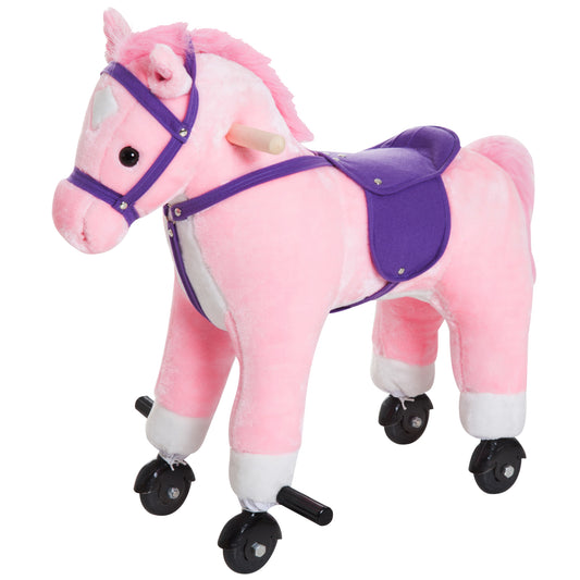Wooden Action Pony Wheeled Walking Horse Riding Little Baby Plush Toy Wooden Style Ride on Animal Kids Gift w/Sound (Pink)