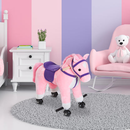 Wooden Action Pony Wheeled Walking Horse Riding Little Baby Plush Toy Wooden Style Ride on Animal Kids Gift w/Sound (Pink)