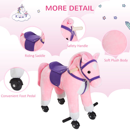 Wooden Action Pony Wheeled Walking Horse Riding Little Baby Plush Toy Wooden Style Ride on Animal Kids Gift w/Sound (Pink)