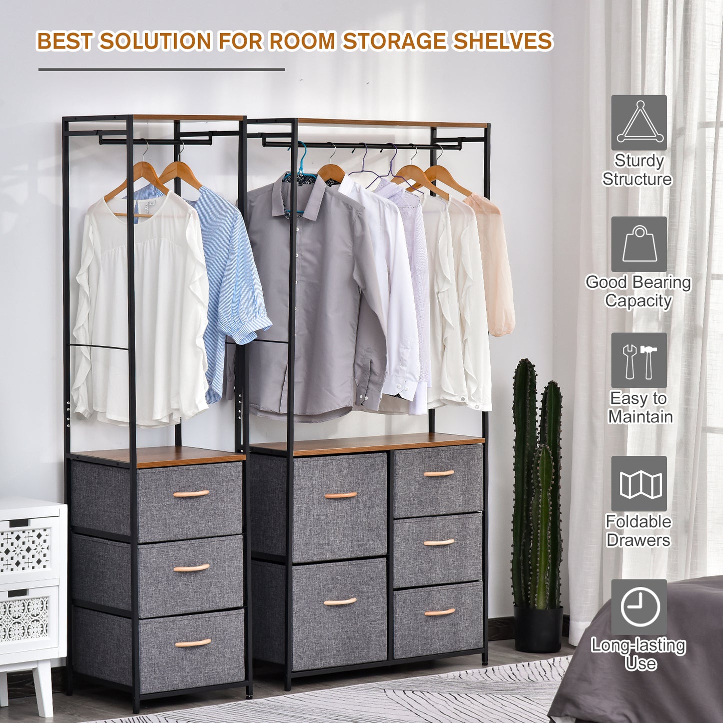 Storage Coat Rack Hallway Bedroom Organiser Shelves w/ Hanger, 5 Drawer