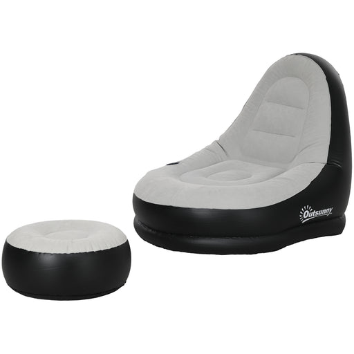 Inflatable Sofa Chair and Foot Stool Set with Cup Holder, for Gaming, Reading and Movie Watching, Grey
