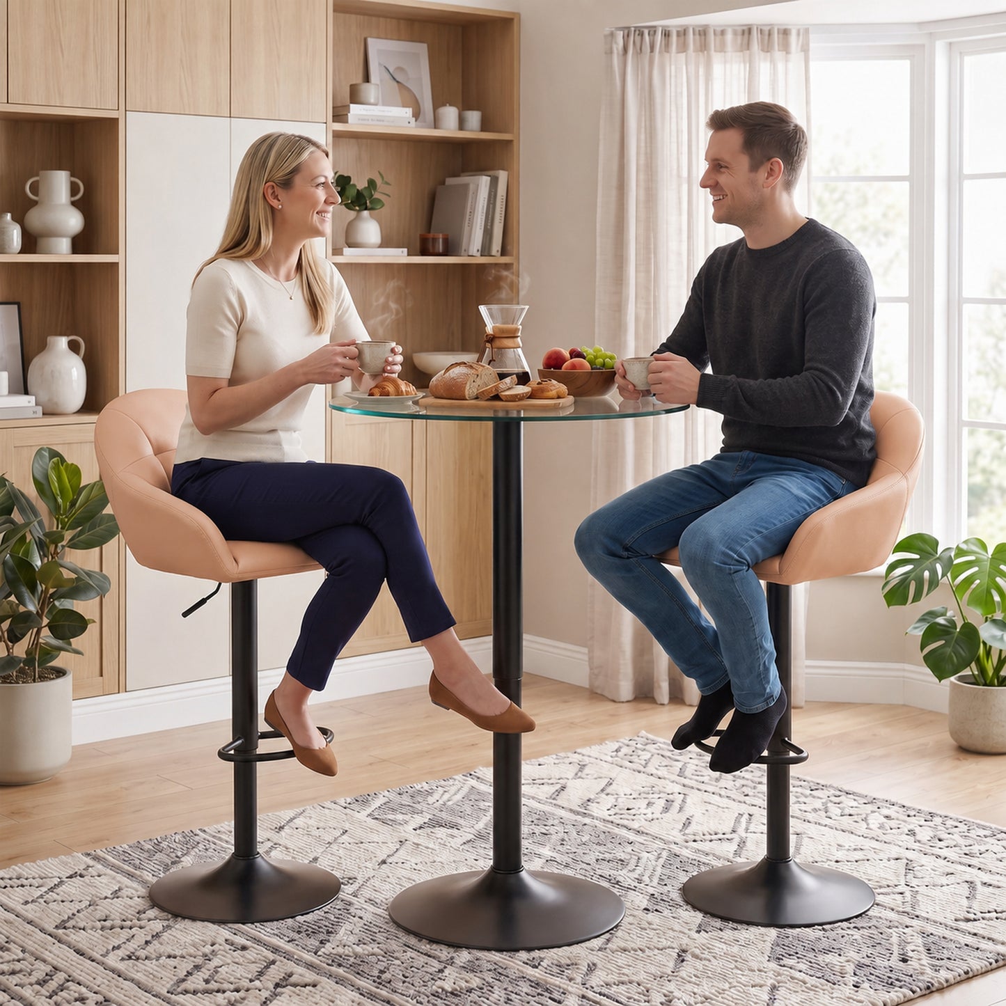 Bar Stools Adjustable Height Backrest Set of 2, Brown
