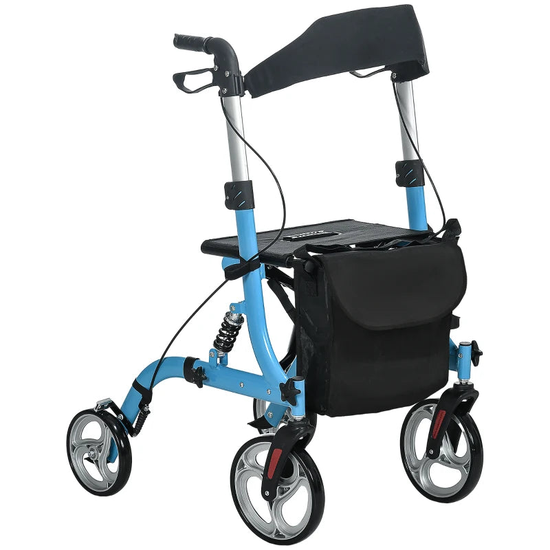 4 Wheel Rollator with Seat and Back, Lightweight Folding Mobility Walker with Large Wheels, Carry Bag, Adjustable Height,  - Blue