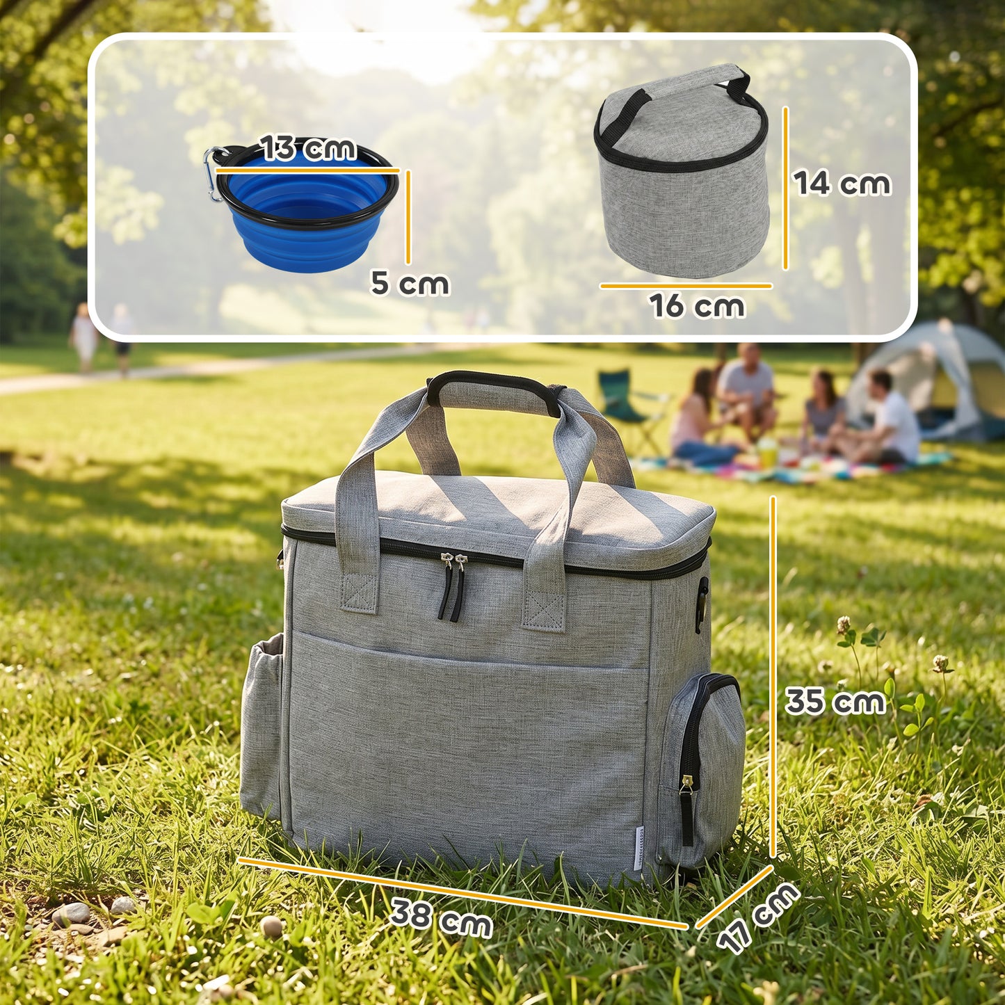Dog Travel Bag, Dog Walking Bag with Multiple Pockets, Two Food Containers and Silicone Collapsible Bowl, Treat Pouch Bag for Cat Puppy Picnic Camping, Light Grey
