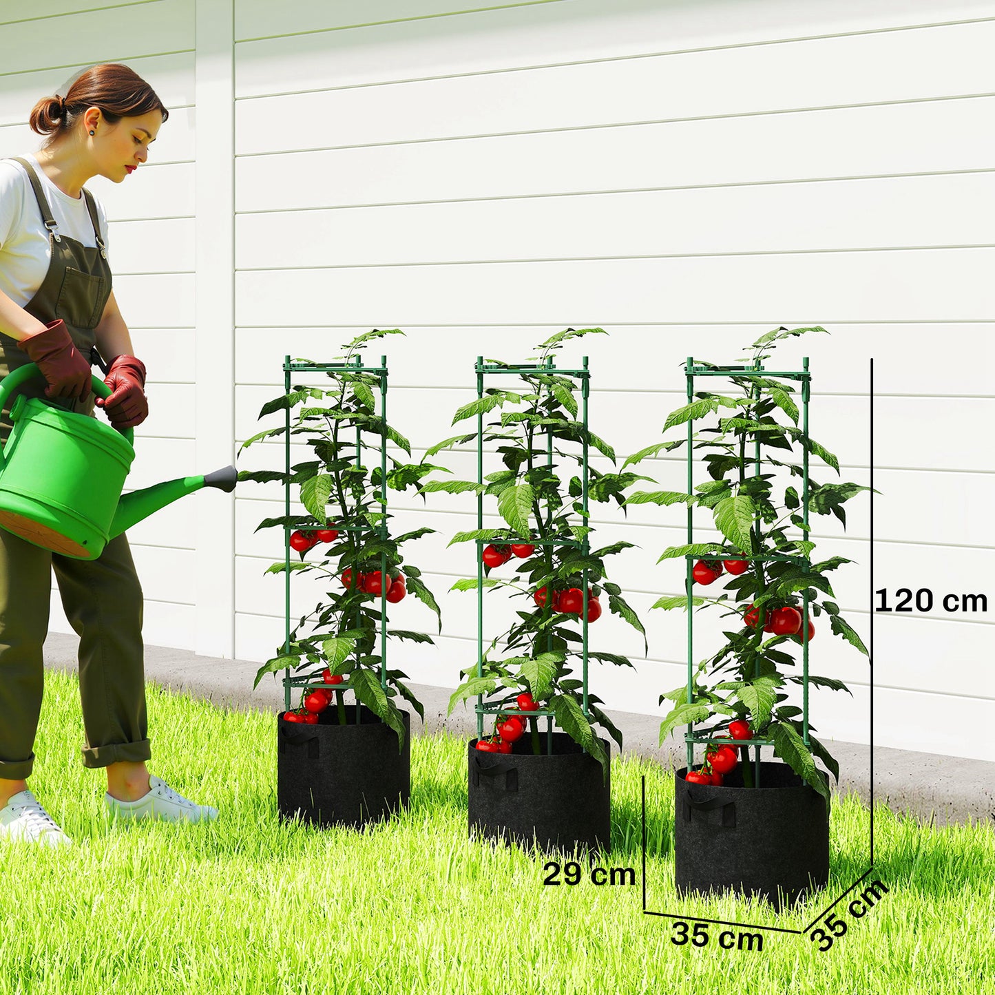3 Packs Tomato Cages with 83.7L Grow Bags, 120cm Adjutstable Triangle Plant Stakes Support Trellis with Planter Bags, Garden Cucumber Trellis Plant Cages for Climbing Plants, Fruits