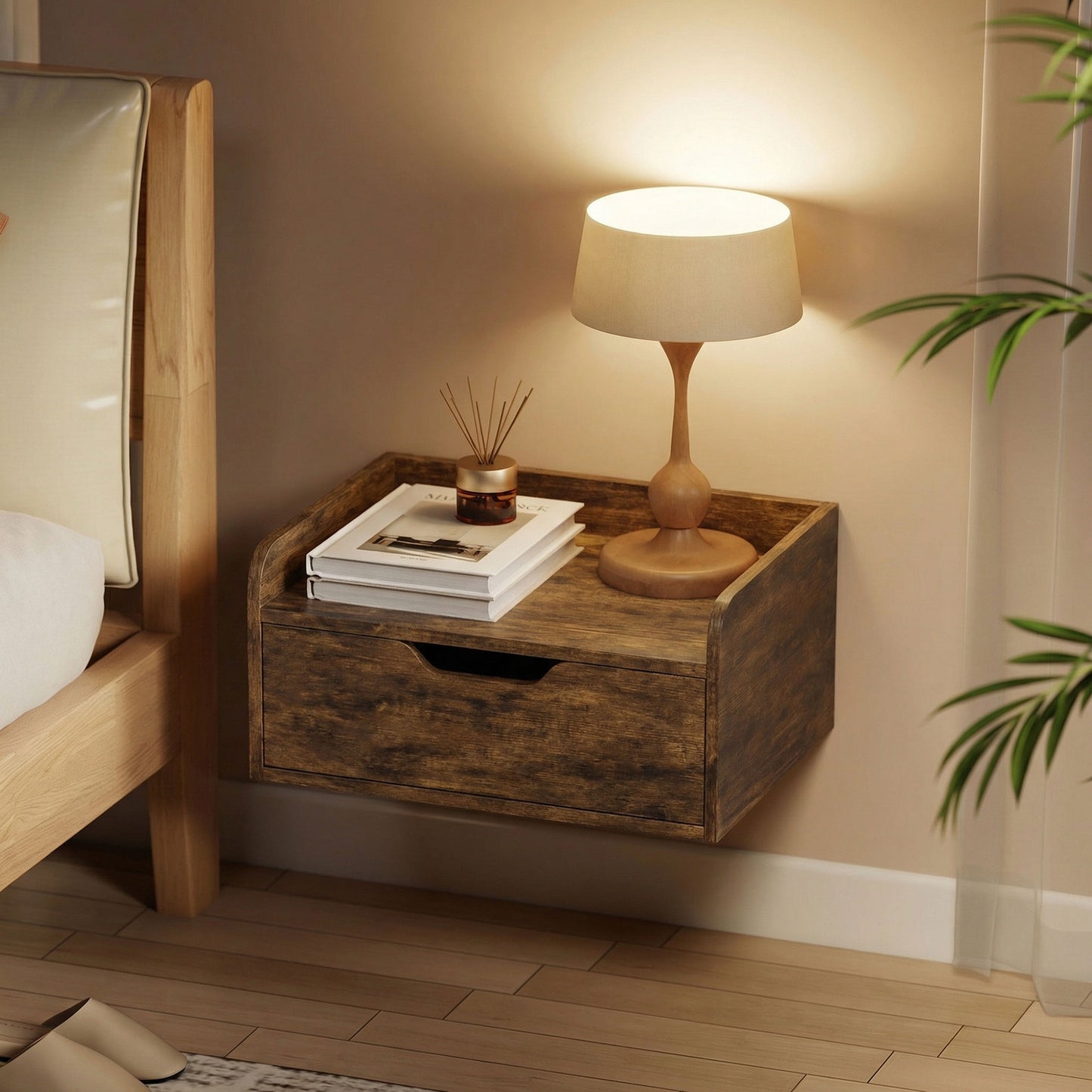 Floating Nightstands Set of 2, Nightstand with Drawer, Rustic Brown