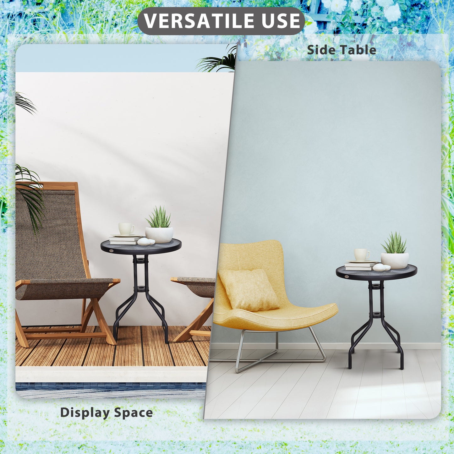 Φ60×70H cm Round Metal Table, Garden Table Tempered Glass-Black