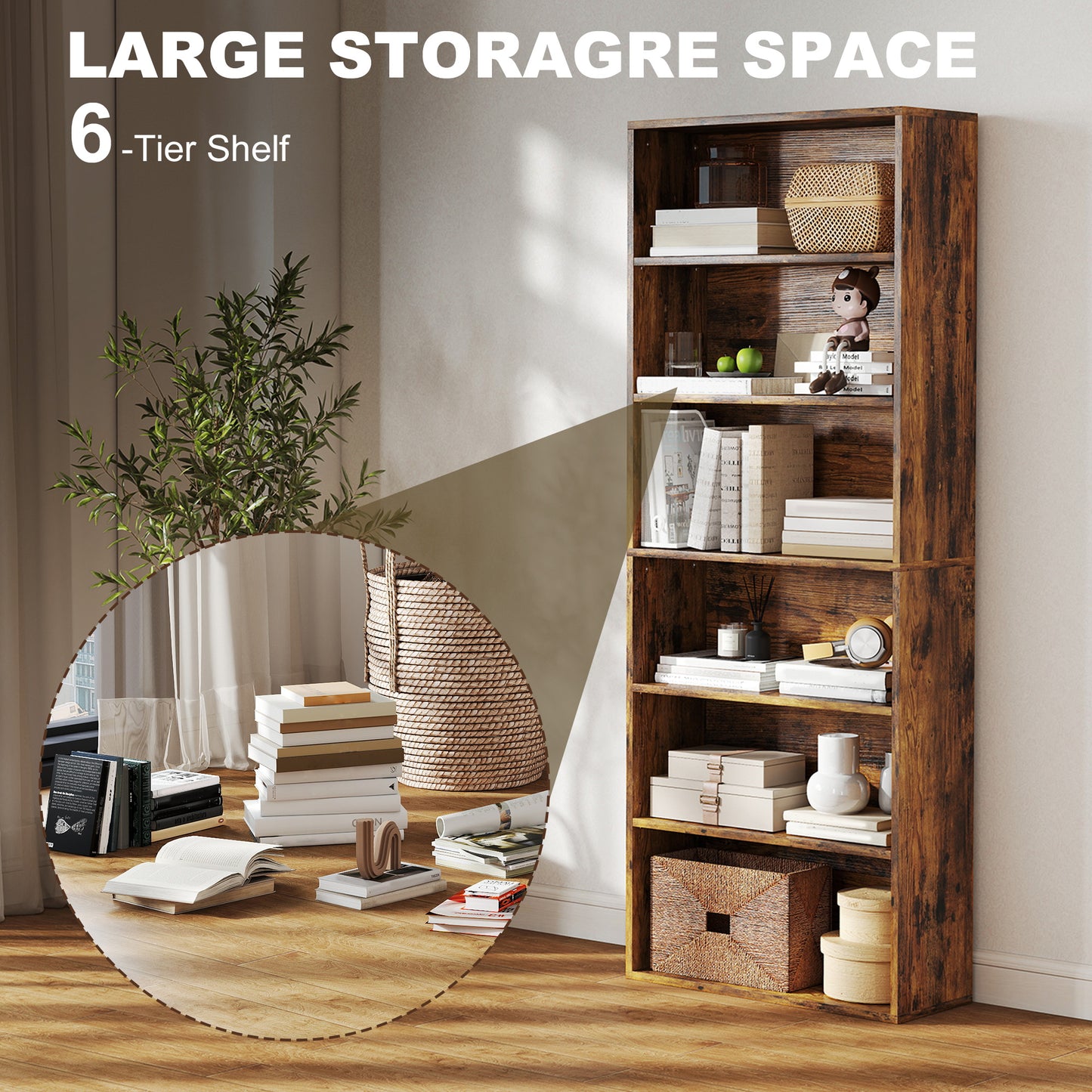 6 Tier Bookshelf, Freestanding Bookcase with Adjustable Shelves